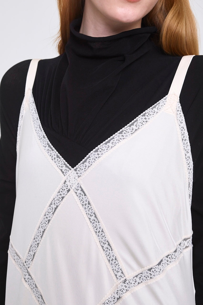 SATIN JERSEY LACE TRIM SLIP DRESS - FETICO