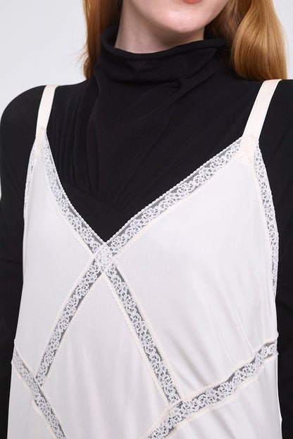 SATIN JERSEY LACE TRIM SLIP DRESS - FETICO