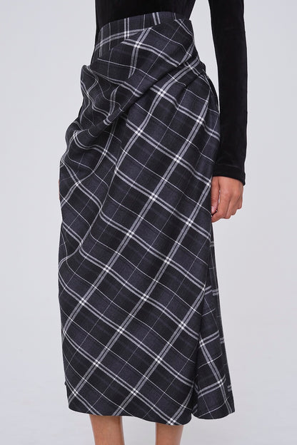 WOOL CHECK DRAPED SKIRT - FETICO