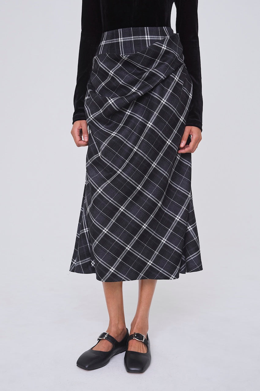 WOOL CHECK DRAPED SKIRT - FETICO