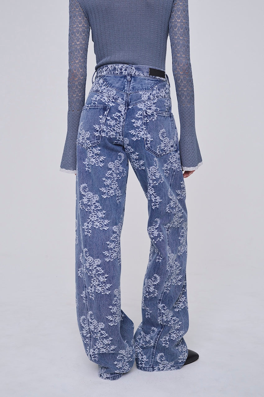 LACE JACQUARD DENIM STRAIGHT JEANS - FETICO