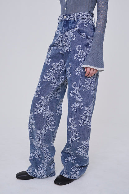 LACE JACQUARD DENIM STRAIGHT JEANS - FETICO