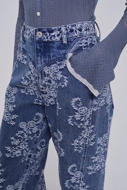 LACE JACQUARD DENIM STRAIGHT JEANS - FETICO