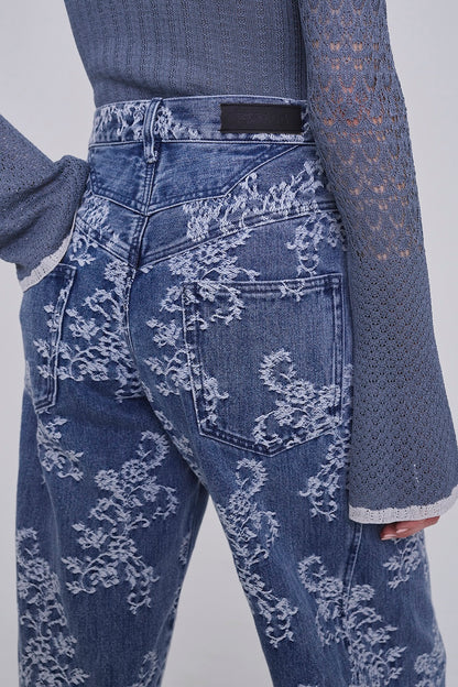 LACE JACQUARD DENIM STRAIGHT JEANS - FETICO