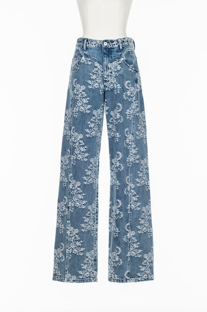 LACE JACQUARD DENIM STRAIGHT JEANS - FETICO