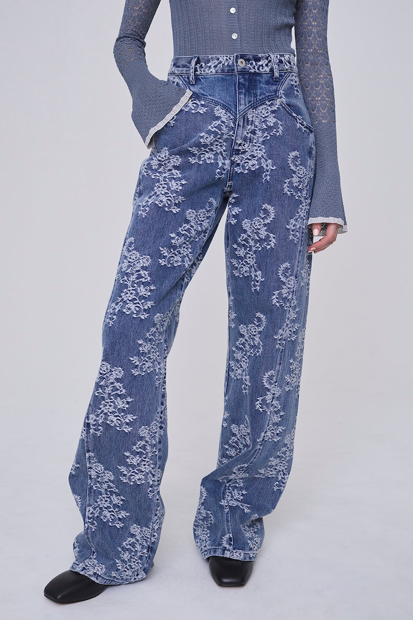 LACE JACQUARD DENIM STRAIGHT JEANS - FETICO