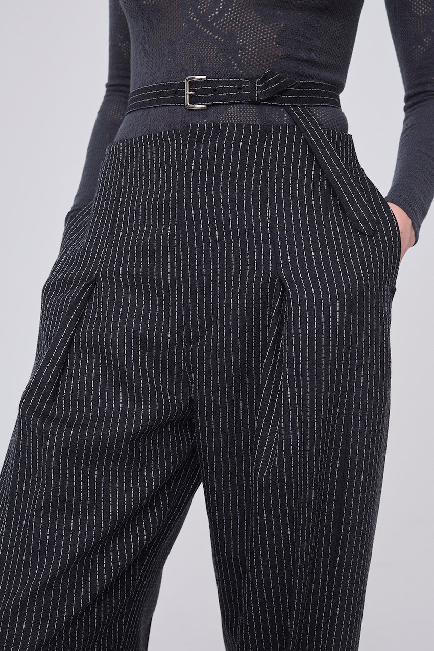 WOOL PINSTRIPE BELTED TROUSERS - FETICO