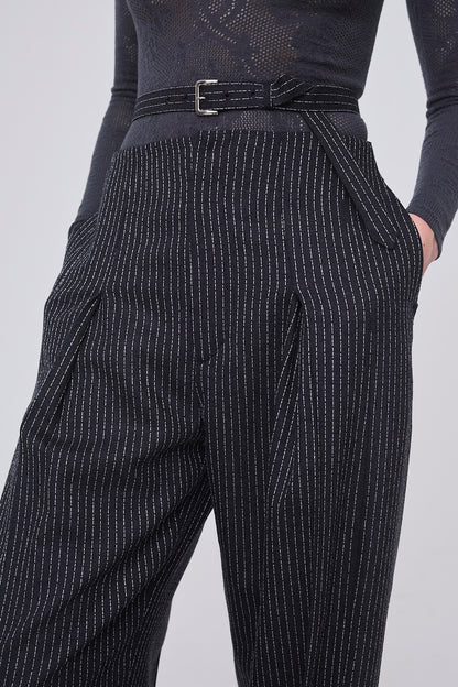 WOOL PINSTRIPE BELTED TROUSERS - FETICO