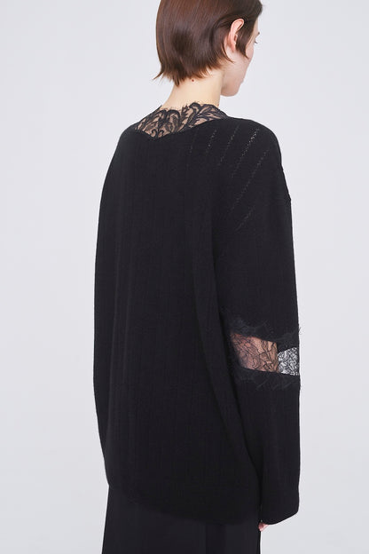 OVERSIZED HAIRY LACE PANELED KNIT CARDIGAN - FETICO