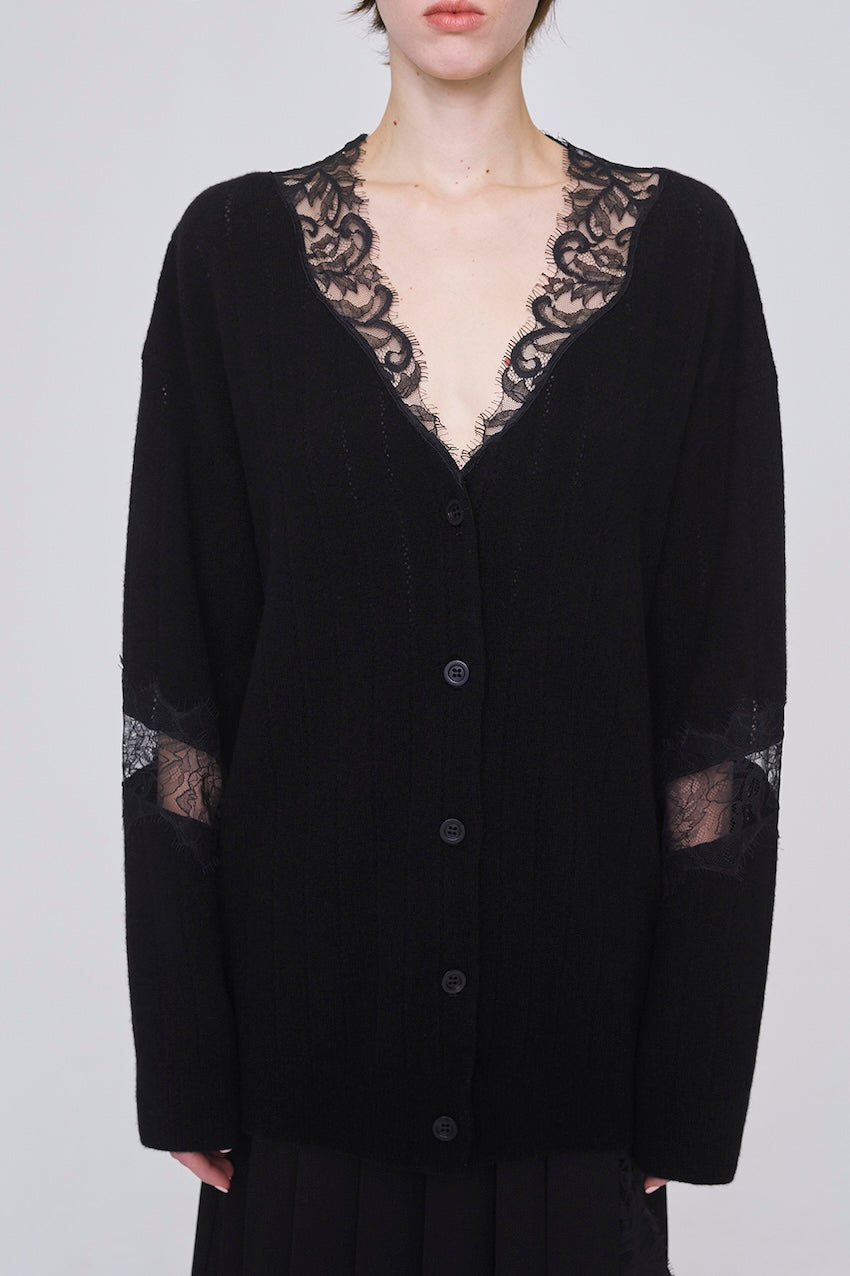 OVERSIZED HAIRY LACE PANELED KNIT CARDIGAN - FETICO