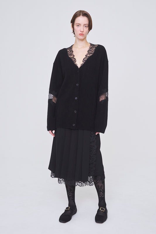 OVERSIZED HAIRY LACE PANELED KNIT CARDIGAN - FETICO