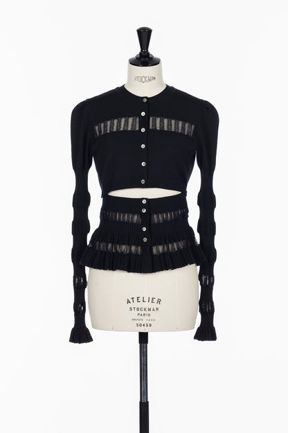 CONVERTIBLE SHEER LACE STRIPE KNIT CARDIGAN - FETICO
