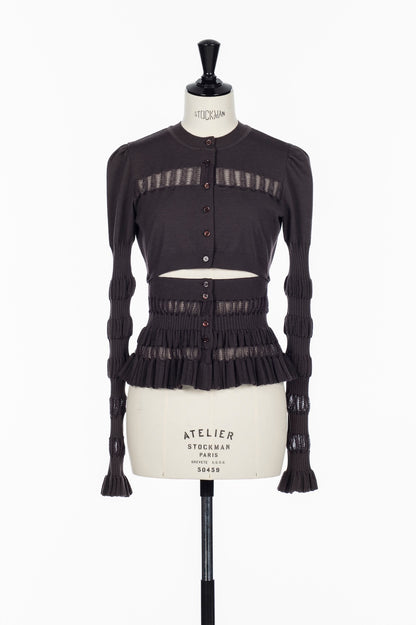 CONVERTIBLE SHEER LACE STRIPE KNIT CARDIGAN - FETICO