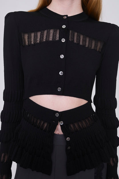 CONVERTIBLE SHEER LACE STRIPE KNIT CARDIGAN - FETICO
