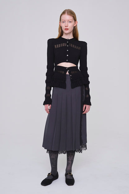 CONVERTIBLE SHEER LACE STRIPE KNIT CARDIGAN - FETICO