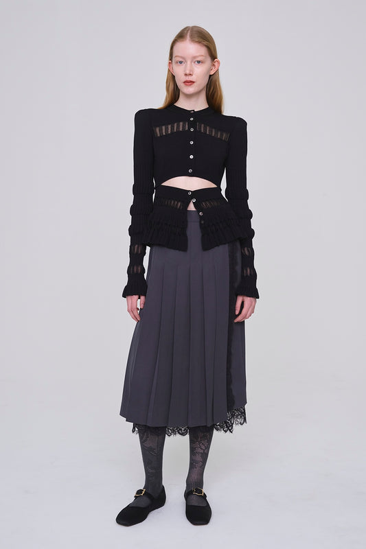 CONVERTIBLE SHEER LACE STRIPE KNIT CARDIGAN - FETICO