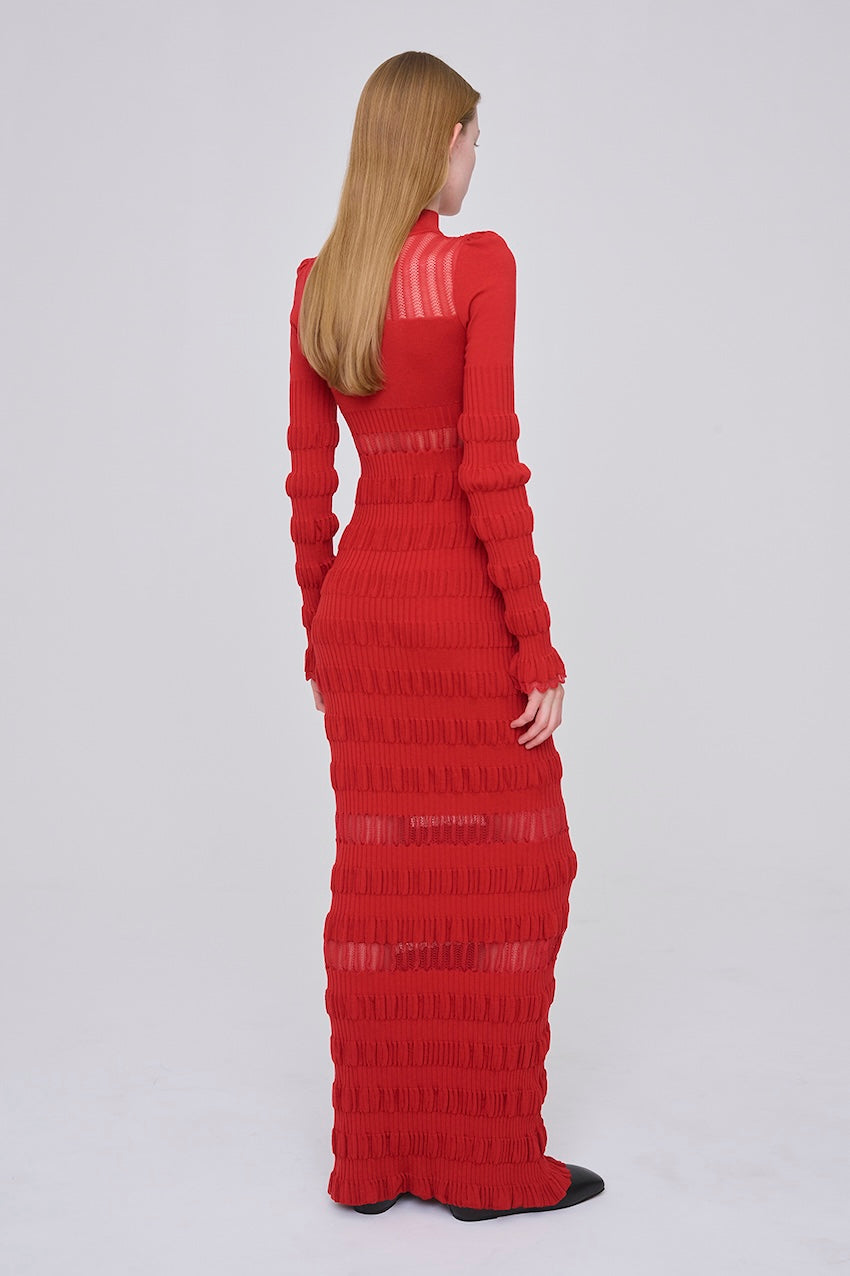 SHEER LACE STRIPE KNIT MAXI DRESS - FETICO