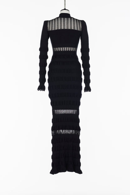 SHEER LACE STRIPE KNIT MAXI DRESS - FETICO
