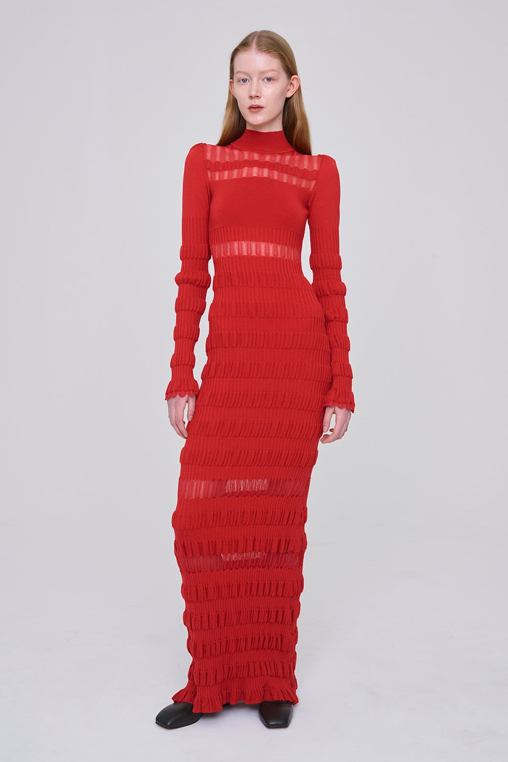SHEER LACE STRIPE KNIT MAXI DRESS - FETICO