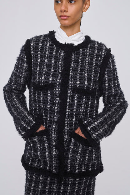 FRINGE TRIM TWEED KNIT JACKET - FETICO