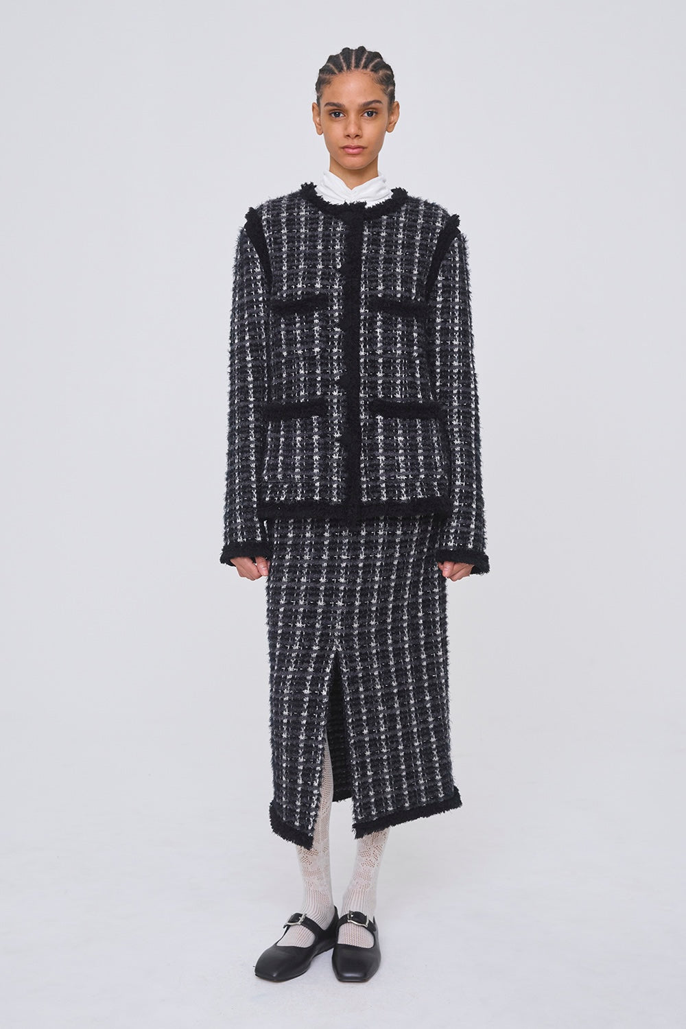 FRINGE TRIM TWEED KNIT JACKET - FETICO