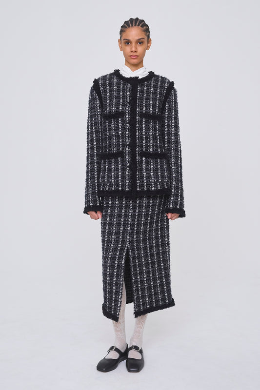 FRINGE TRIM TWEED KNIT SKIRT - FETICO