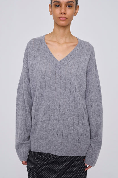 OVERSIZED HAIRY WOOL KNIT VNECK PULLOVER - FETICO