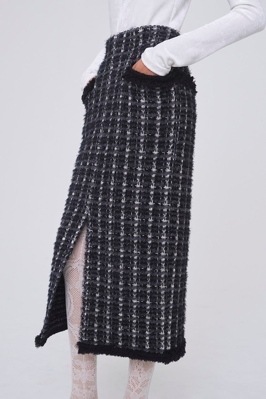 FRINGE TRIM TWEED KNIT SKIRT - FETICO