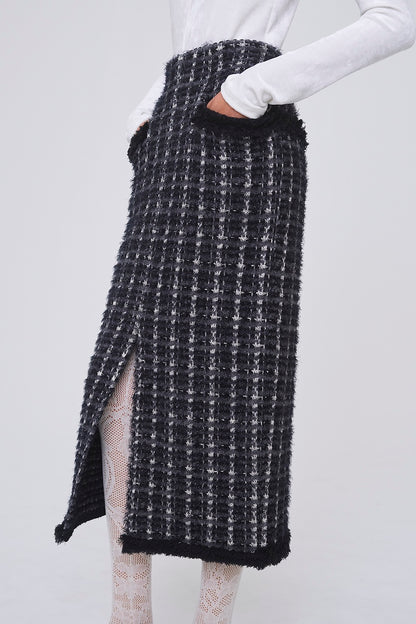 FRINGE TRIM TWEED KNIT SKIRT - FETICO