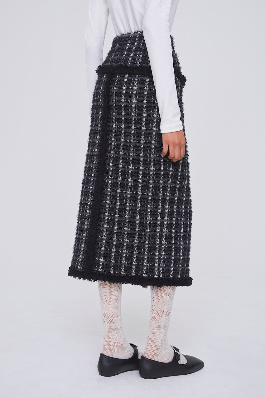 FRINGE TRIM TWEED KNIT SKIRT - FETICO