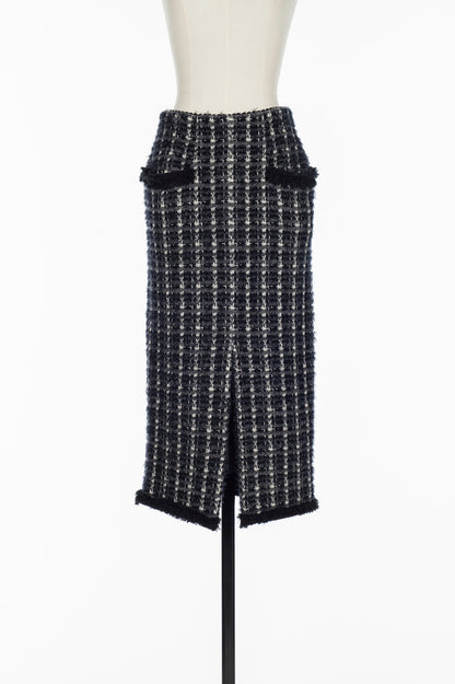 FRINGE TRIM TWEED KNIT SKIRT - FETICO