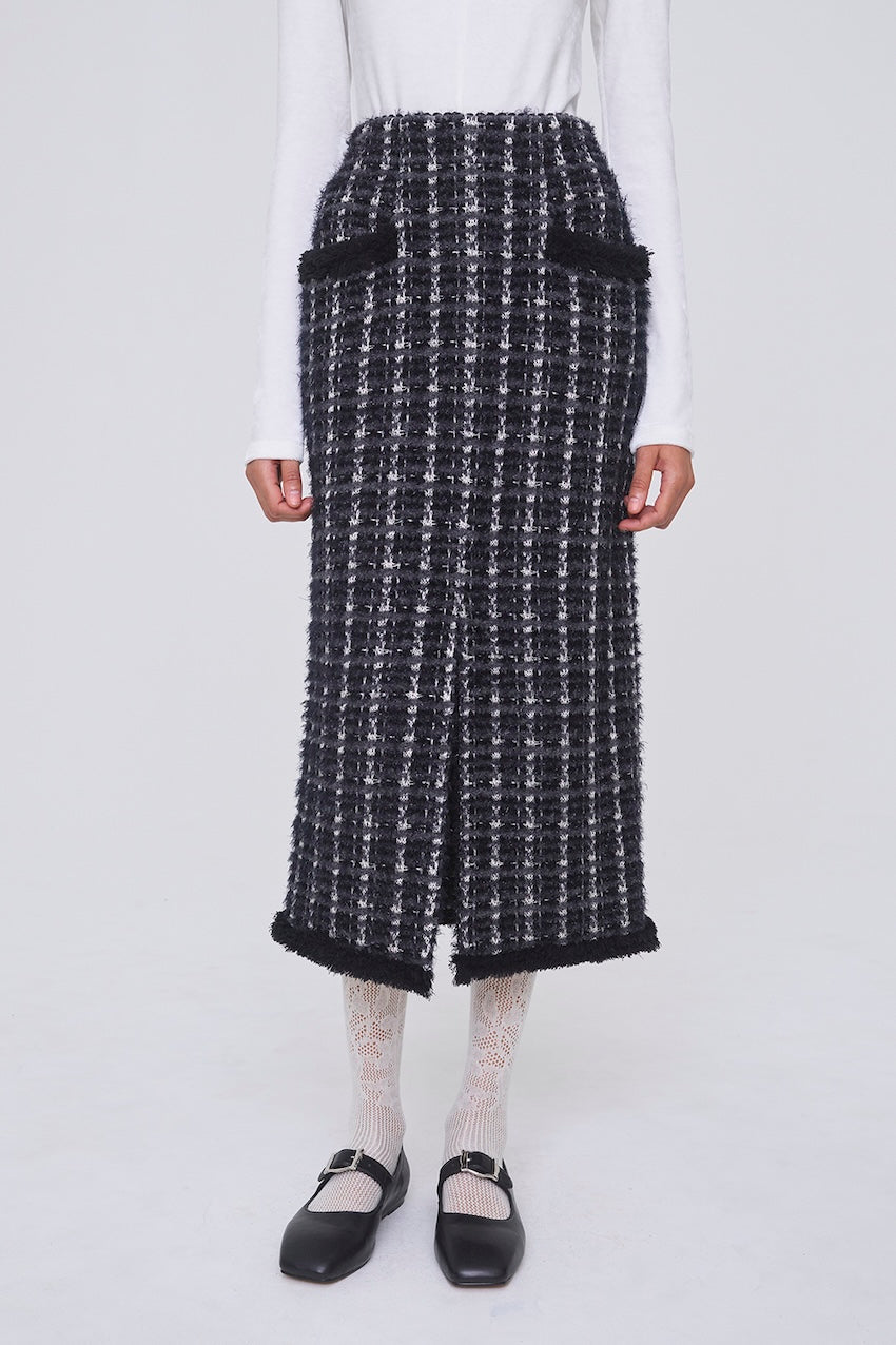FRINGE TRIM TWEED KNIT SKIRT - FETICO