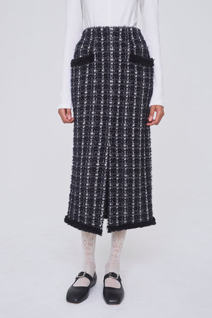 FRINGE TRIM TWEED KNIT SKIRT - FETICO