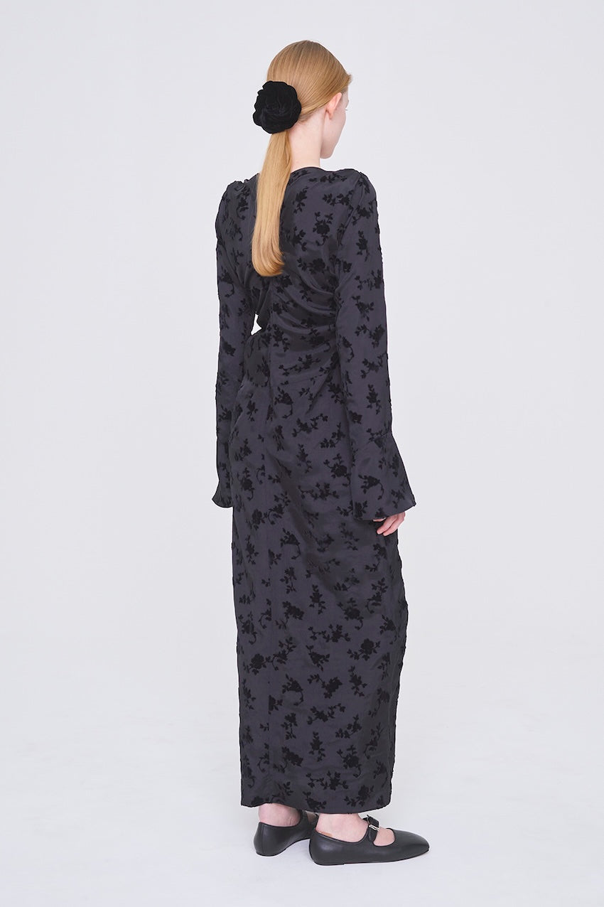 FLOCKED ROSE PRINT GATHERED DRESS - FETICO