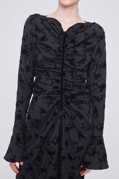 FLOCKED ROSE PRINT GATHERED DRESS - FETICO