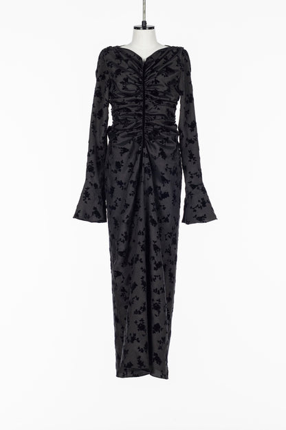 FLOCKED ROSE PRINT GATHERED DRESS - FETICO