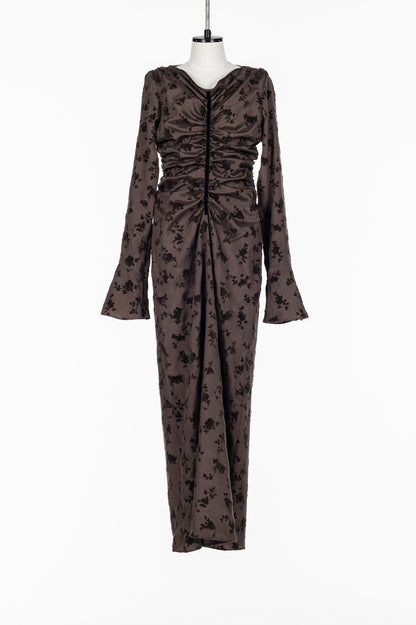 FLOCKED ROSE PRINT GATHERED DRESS - FETICO