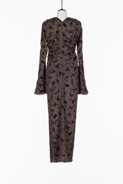 FLOCKED ROSE PRINT GATHERED DRESS - FETICO
