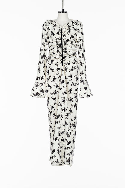 FLOCKED ROSE PRINT GATHERED DRESS - FETICO