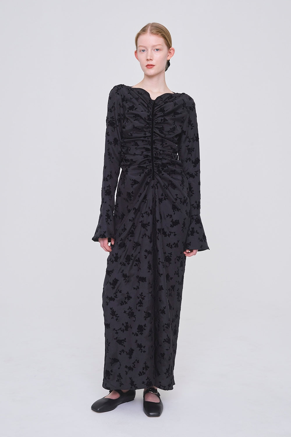 FLOCKED ROSE PRINT GATHERED DRESS - FETICO