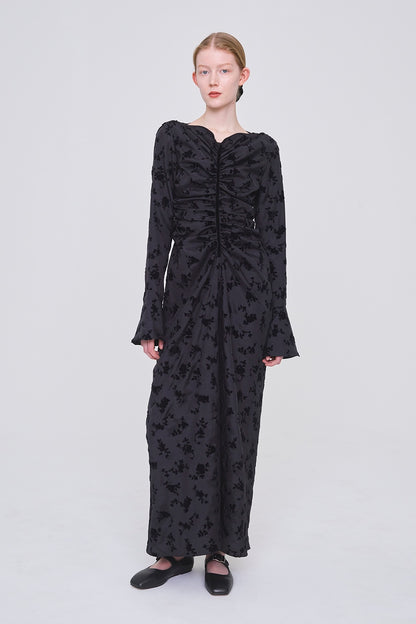 FLOCKED ROSE PRINT GATHERED DRESS - FETICO