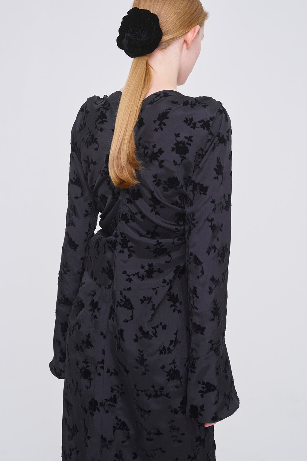 FLOCKED ROSE PRINT GATHERED DRESS - FETICO