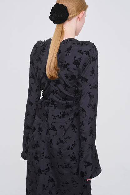 FLOCKED ROSE PRINT GATHERED DRESS - FETICO