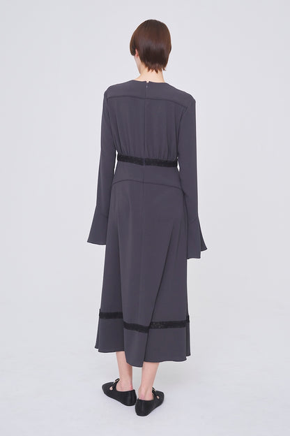 BACK SATIN GEORGETTE LACE PANELLED DRESS - FETICO