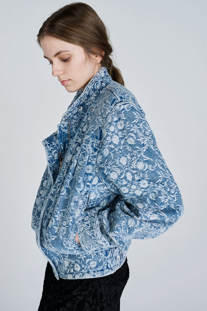 ARABESQUE JACQUARD DENIM FUNNEL NECK JACKET - FETICO