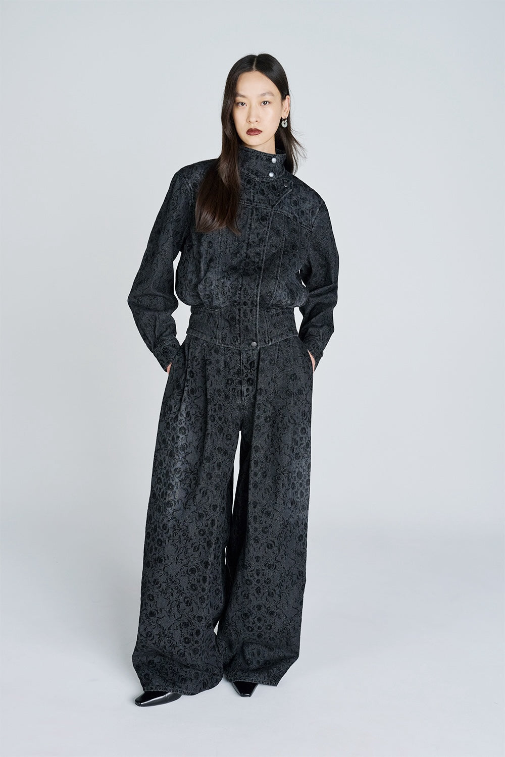 ARABESQUE FLOCKED DENIM FUNNEL NECK JACKET - FETICO