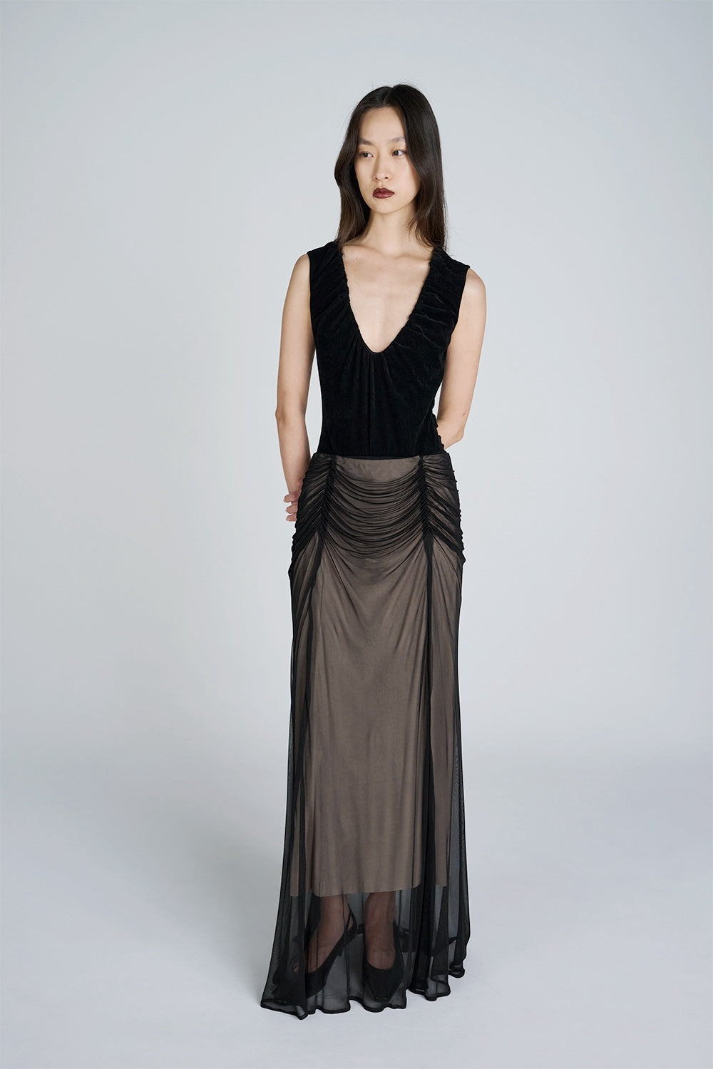 GATHERED SHEER JERSEY LAYERED SKIRT - FETICO