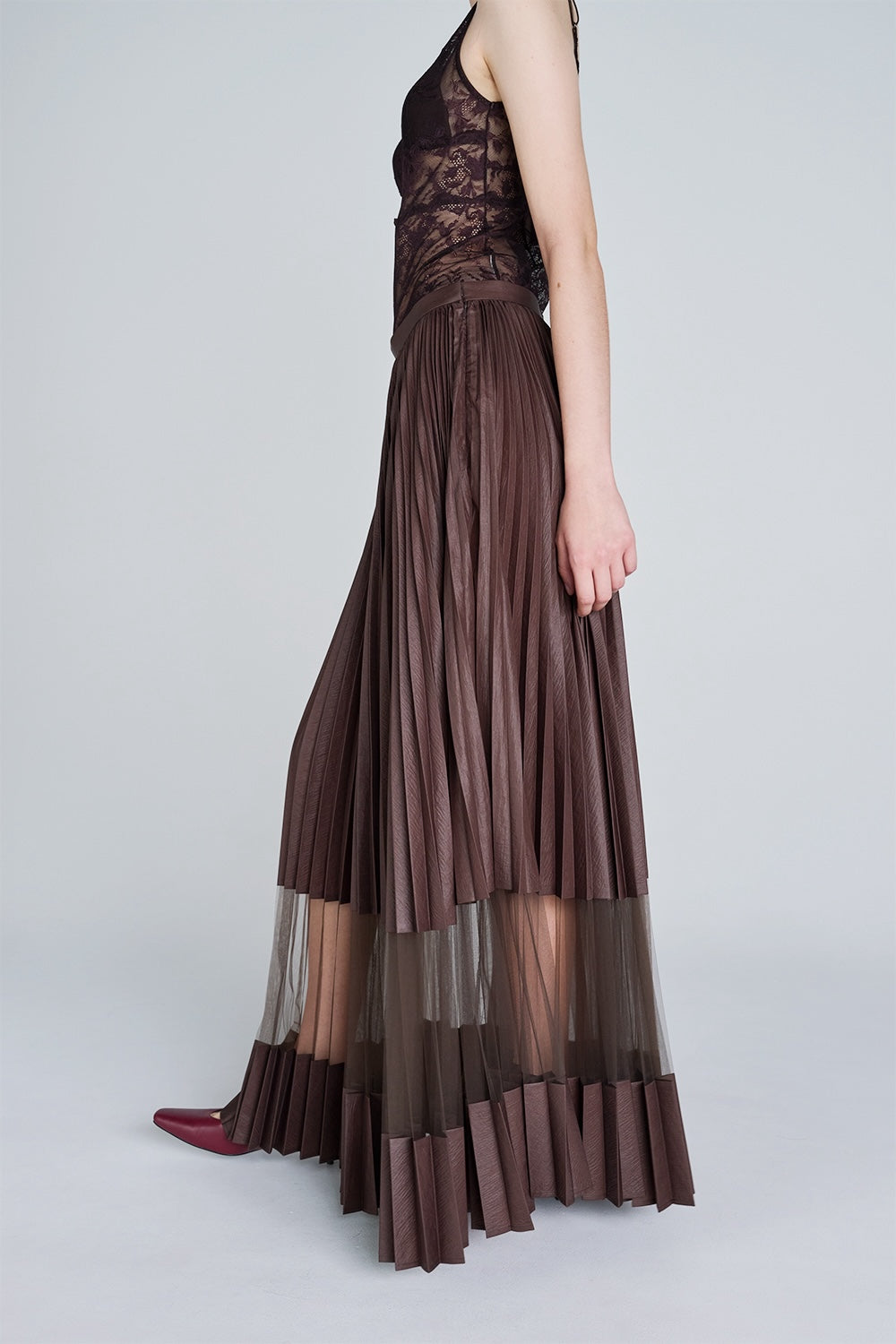 NYLON TAFFETA & SHEER COMBINED PLEATED SKIRT - FETICO