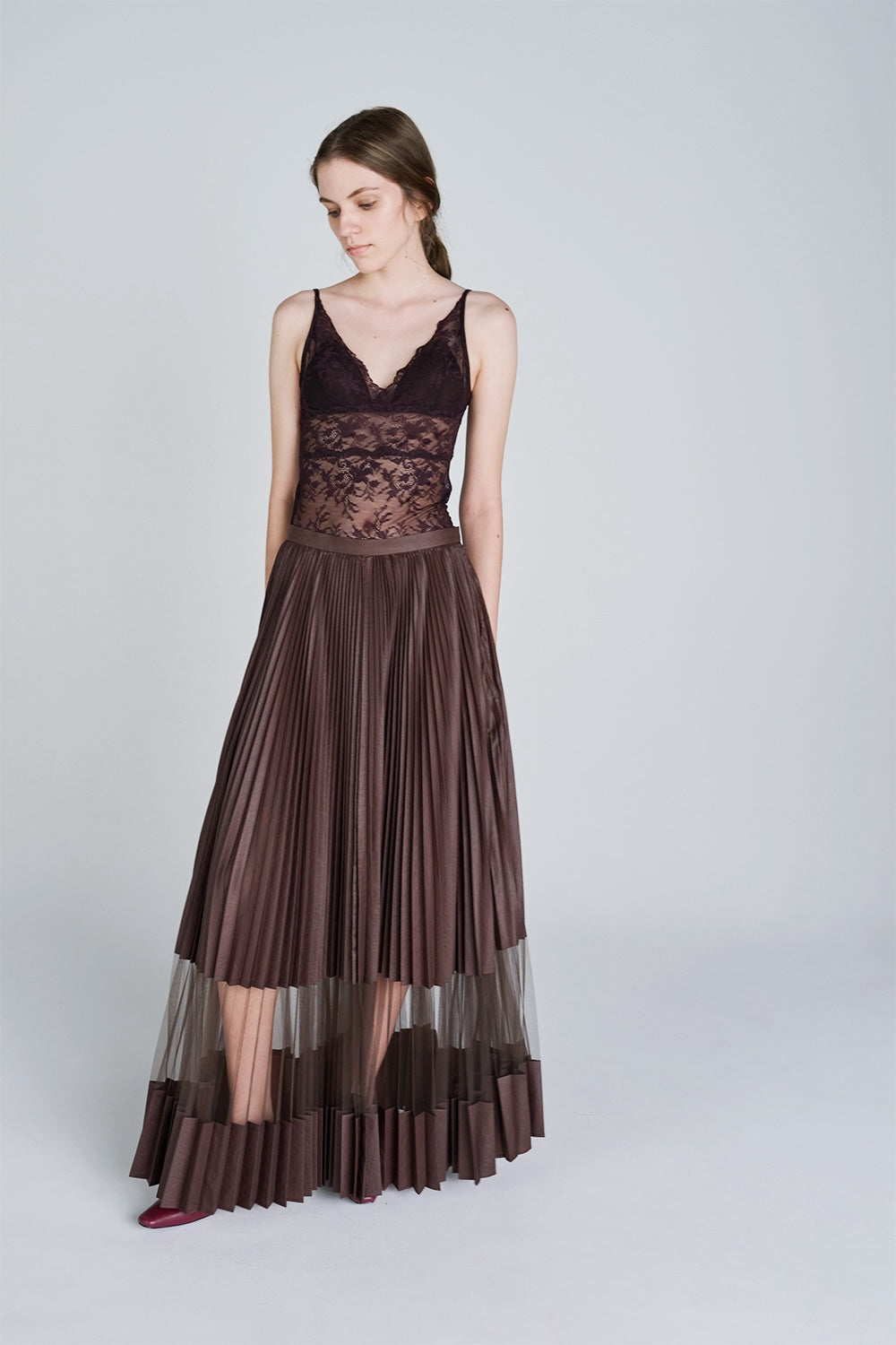 NYLON TAFFETA & SHEER COMBINED PLEATED SKIRT - FETICO