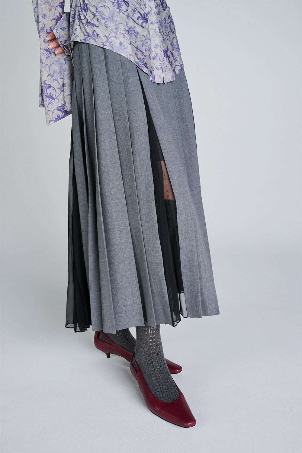 BLEND WOOL & CHIFFON COMBINED PLEATED SKIRT - FETICO